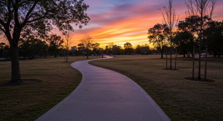 Serene Sunset Park Path - A tranquil paved pathway winds through a park at sunset, offering a peaceful and scenic view