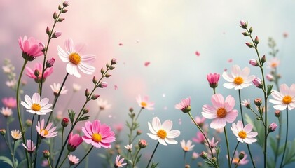 Delicate wildflowers in muted pastels, soft woven texture , botanical, subtle