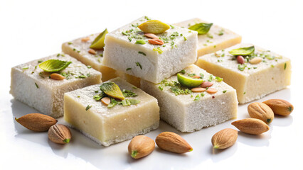 Milk Powder Barfi (Mawa Burfi)  Traditional Indian Sweet on White Background