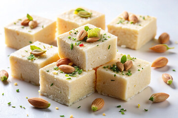 Milk Powder Barfi (Mawa Burfi)  Traditional Indian Sweet on White Background