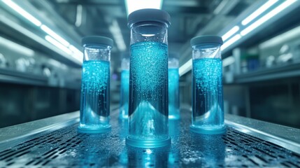 Fluorescent liquids in test tubes placed in a modern research lab, illuminated under UV lighting for experimental analysis.