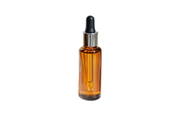 Fototapeta premium An amber transparent glass dropper bottle with a silver cap and rubber top, clean, and isolated on a transparent background