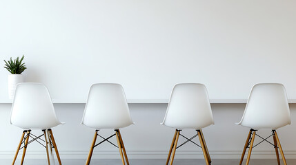 Minimalist modern white chairs with wooden legs in empty blank room interior