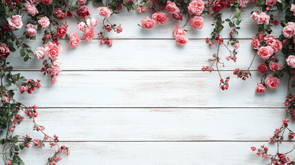 The background is made of white wood with rose and vine patterns scattered on it. There is a blank area below for weddings, parties or other events.