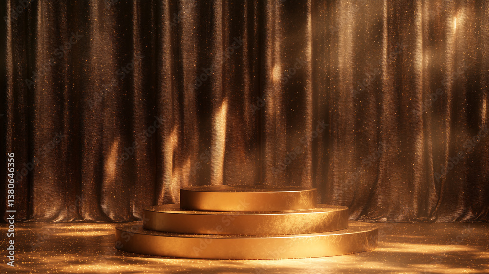 Aufkleber gold tiered podium against a brown, textured curtain backdrop, illuminated by soft light, creating a