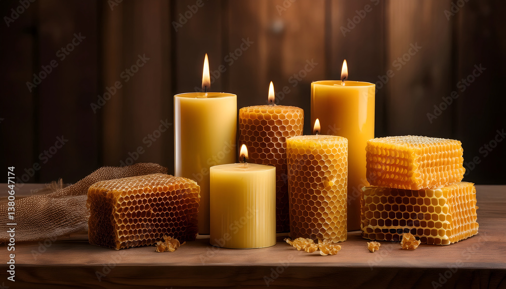 Poster a collection of beautifully crafted honey candles, varying in shapes and sizes, displayed on a rusti
