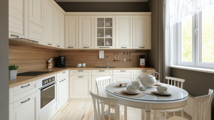 Fototapeta premium Modern Light Kitchen Interior with Dining Table and White Cabinets