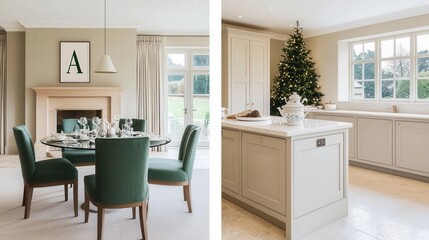 Fototapeta premium Elegant Dining and Kitchen Spaces with Festive Holiday Decor