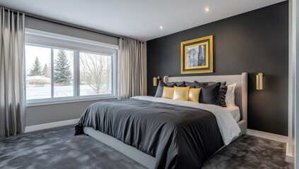 A modern bedroom with a large bed and a winter view