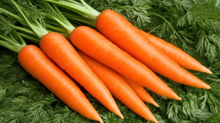 Natural Sources of Beta-Carotene, Fresh carrots arranged on a bed of green leaves, showcasing vibrant orange colors.
