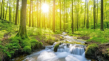 Obraz premium Flowing stream in lush green forest nature photography serene environment bright sunlight
