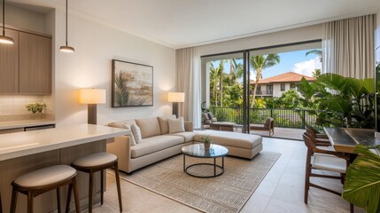 Fototapeta premium Modern and Elegant Living Room with Natural Light and Green View