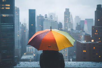 Urban Serenity: The Solace of Colorful Umbrella Amidst a Rainy Cityscape