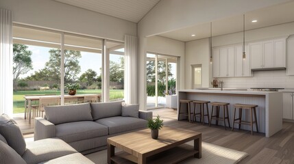 Fototapeta premium Modern Bright Living Room with Open Kitchen and Natural Light