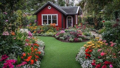 Fototapeta premium Red Cottage Garden: Blooming Flowers Surround Charming House in Lush Landscape