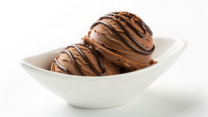 A white ceramic bowl filled with chocolate ice cream, garnished with chocolate syrup