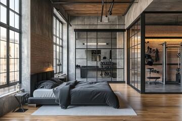 A stylish bedroom with an adjacent home fitness studio is shown