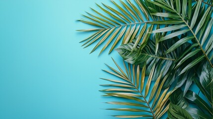 Fototapeta premium A stunning arrangement of rich green palm fronds gracefully spread out against a tropical turquoise background, evoking a serene atmosphere. Nature's splendor is on full display, inviting relaxation