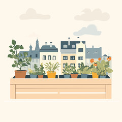 Obraz premium A stylish flat vector illustration of a rooftop herb garden, featuring fresh produce growing in planter boxes. A clean, modern representation of urban farming