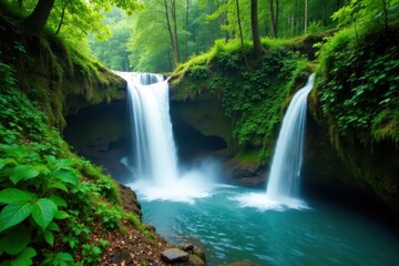 Azores cascading waterfall, lush green foliage, stream, pure, cascade