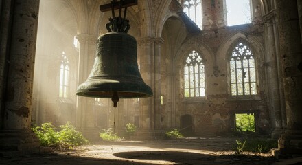 Fototapeta premium Sunbeams and Silence: A Bell in Ruins - A large bell hangs in a sunlit, ruined cathedral. Concepts: decay, hope, time, faith, remembrance