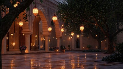Fototapeta premium Tranquil Mosque Courtyard Illuminated by Lanterns at Evening with Reflections