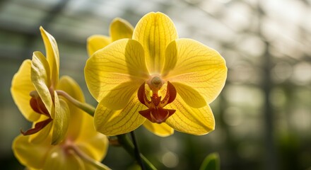Obraz premium Sunlit Yellow Orchid Greenhouse Bloom - Elegant yellow orchids in a sunlit greenhouse, symbolizing serenity, growth, beauty, purity, and luxury