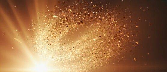 A captivating close-up view of debris spinning rapidly in warm golden light, creating a vivid motion effect in the air. Ideal for dynamic visuals.