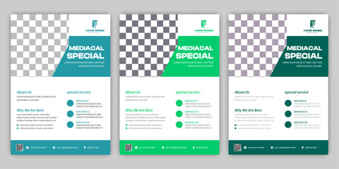 Simple and clean 3 color medical flyer design template, A premium A4 size medical health care flyer design mockup, corporate  healthcare medical flyer design layout.
