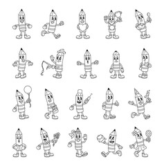 Groovy retro pencil characters in cartoon outline vintage funny expressive style with costumes emotions gestures activities and holiday elements
