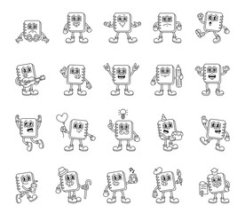 Groovy retro notebook characters in cartoon outline vintage funny expressive style with emotions gestures costumes accessories professions and creative elements