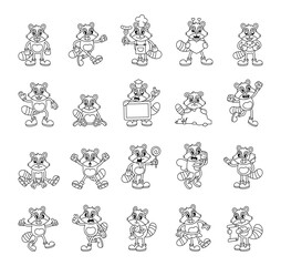Obraz premium Groovy retro raccoon characters in cartoon outline vintage funny expressive style with emotions gestures costumes activities and everyday situations