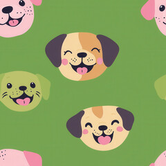 Smiling puppy faces on green seamless pattern background, cheerful and playful, Textile Seamless Pattern Background