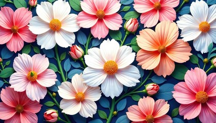 Intricate floral design, densely packed blossoms in pastel hues, repeats flawlessly , vintage, bloom, soft