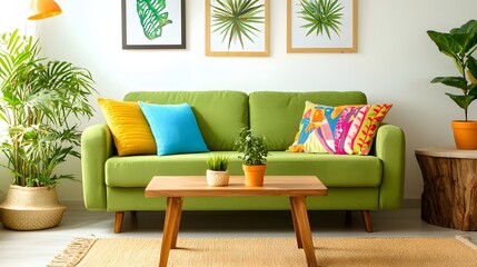 Vibrant Green Sofa Surrounded by Plants and Colorful Art in a Bright Living Room
