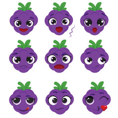 Set of cute purple fruit faces with different emotions, perfect for kids emotional learning materials, educational posters, flashcards, and fruit-themed classroom or preschool designs