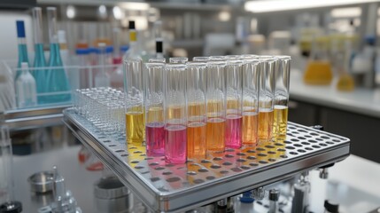 Transparent test tubes filled with colorful chemical solutions placed in a metal rack, surrounded by laboratory research tools.