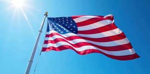 Close-up, upward view of US flag against azure sky; sharp details , summer, texture, vibrant