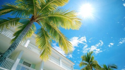 Fototapeta premium Golden rays illuminate lush palm fronds as they dance in the gentle breeze. A charming resort stands against the vivid blue sky, evoking relaxation and tranquility