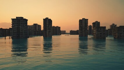 Obraz premium Experience the eerie silence of a coastline at sunset where buildings stand partially submerged in rising sea waters, capturing the beauty and melancholy of nature's impact.