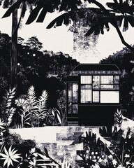 A serene black-and-white illustration depicting a modern glass house nestled in a lush tropical forest, surrounded by vibrant foliage and a tranquil atmosphere, ideal for nature-themed design