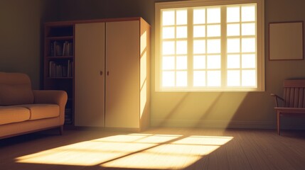 Obraz premium Soft Morning Light Illuminates Cozy Room with Shelves and Window