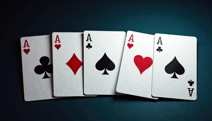 Playing cards arranged in a row showing ace of each suit, hearts, poker