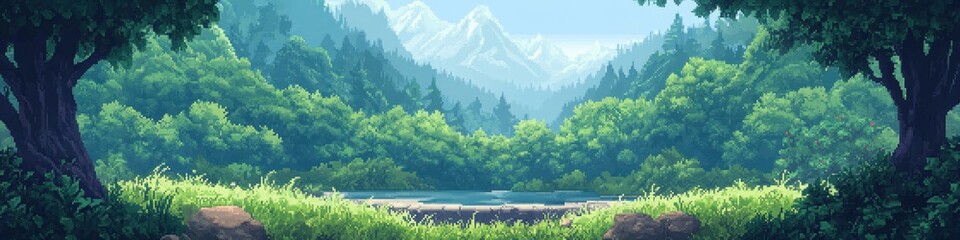 A serene landscape featuring a tranquil lake surrounded by lush greenery and majestic mountains in the background, ideal for nature-themed projects and relaxation visuals