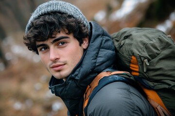 Young handsome man traveling alone with backpack in autumn in the mountains.close-up