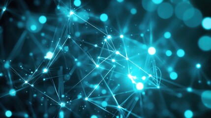 Obraz premium Abstract teal network connection glowing bokeh background, digital technology concept