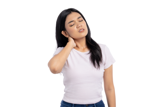Young Asian woman experiencing neck pain and discomfort, holding her neck, isolated on transparent background