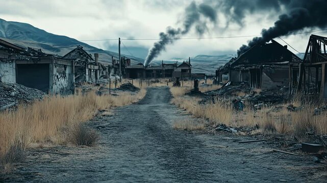 A lone survivor navigates through a haunting post-apocalyptic landscape wearing a protective gas mask