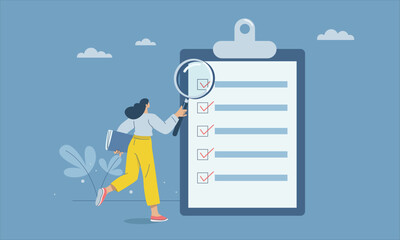 Female auditor holding a magnifying glass examining data, Business operations analysis, research, project planning, data audit, Financial management, Flat vector design illustration.