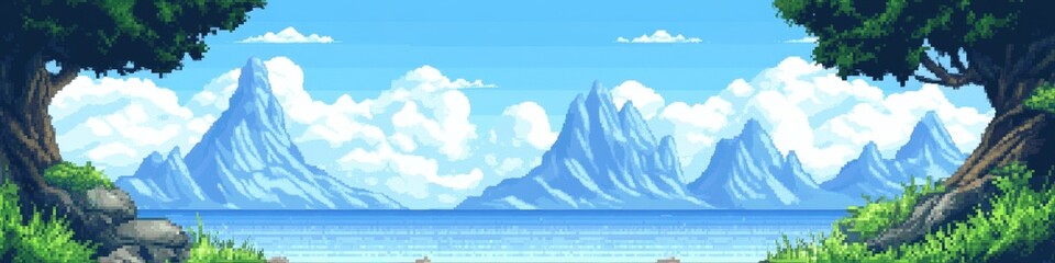 A serene landscape featuring majestic mountains in the background, framed by lush trees on either side, with a calm sea reflecting the clear blue sky, ideal for relaxation and nature-themed projects